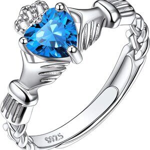 925 Sterling Silver Good Luck Celtic Twisted Knot/Claddagh Heart Birthstone Ring